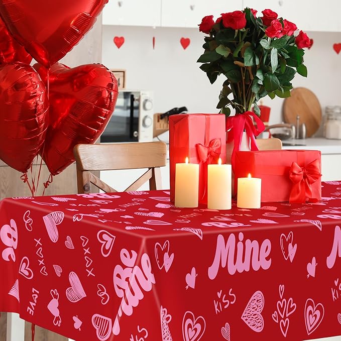 3 Pcs Valentines Decorations, 108" X 54" Plastic Valentines Tablecloth, Disposable Love Tablecloth, Pink Table Cloth Rectangle Galentines Party Favors, Heart Table Cover for Galentine Wedding Party