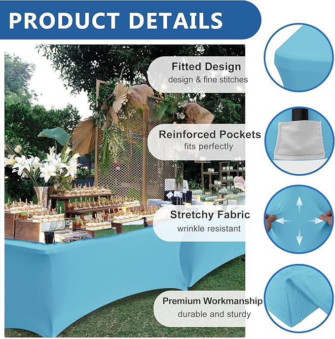 Enjoyidea Stretch Table Cover for 6 Foot Tables-6 Pack Light Blue Spandex Fitted Tablecloth-Elastic 6ft Folding Tablecloths for Party, Vendor Booth Display, Banquet Buffet Event, Craft Trade Show