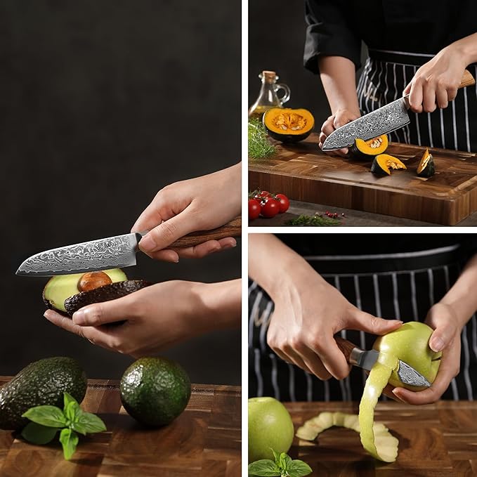 Wakoli EDIB Pro 3-Piece Damascus Kitchen Knife Set in Gift Box ??Sharp Knives Set made of Genuine Damascus Steel (VG10 Core) ??Santoku, Small Santoku & Paring Knife ??Ergonomic Pakkawood Handles