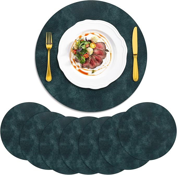 ADRIMER Placemats, Heat Resistant Round Placemats Set of 8 Washable, Waterproof Table Mats, Wipeable Faux Leather Place Mats for Kitchen, Dining Room, Dark Blue