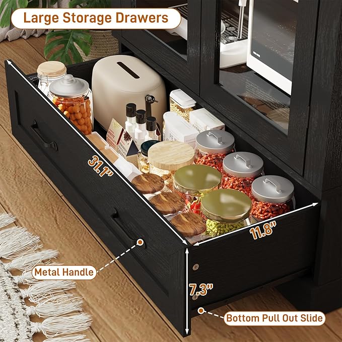 75" Tall Arched Kitchen Pantry Cabinet w Load-Bearing Steel Pipe,Modern Farmhouse Kitchens Storage Cabinet with Drawer and Glass Doors,Tall Arched Bookcase,Pantry Organizer(Woodgrain Black)