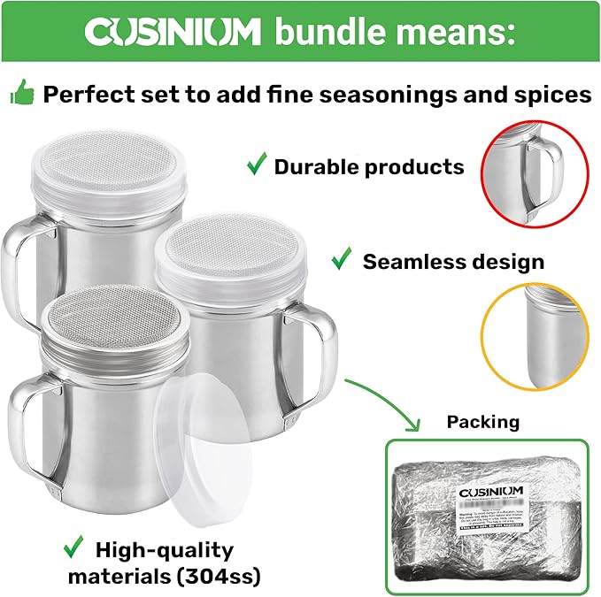 CUSINIUM [10oz, 10oz, 14oz] Cinnamon Sugar Shakers - With Lid - With Handle - Fine Mesh Dredge Bundle - For Vanilla, Flour, Sugar Powder