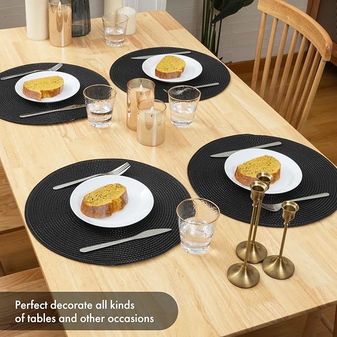 Winknowl Round Braided Placemats Set of 6 Washable Woven Heat Resistant Table Mats for Kitchen Dining Tables 15 inch Round Place Mats (Black,6pcs)