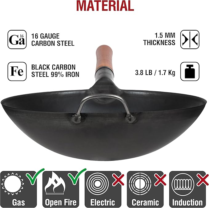 YOSUKATA 14" Carbon Steel Wok Pan Set - Pre-Seasoned, 17" Wok Spatula & Ladle - Heat-Resistant, Dishwasher Safe