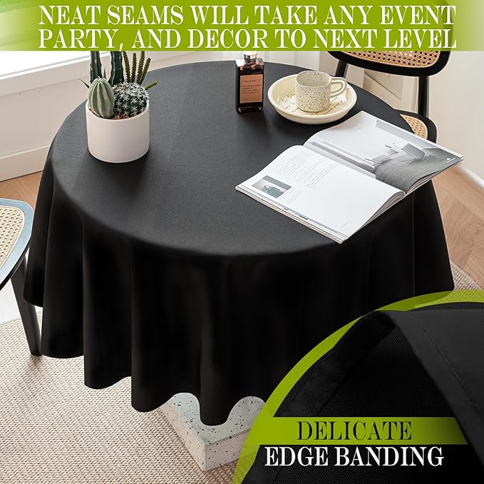BYDOLL Table Cloth 70 Inch Round Tablecloth Fits Max60 Inch Diameter Table Top,Black Polyester Washable Wrinkle-Free Spillproof Tablecloth for Party Patio Cover