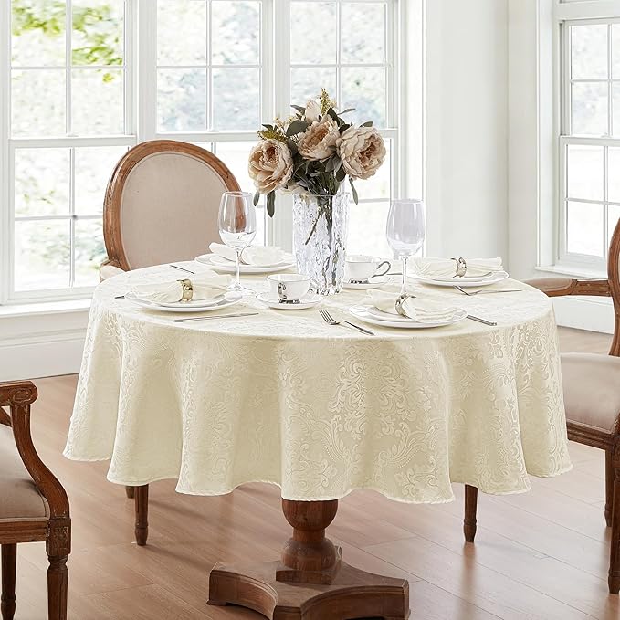 Elrene Home Fashions Caiden Elegance Damask Waterproof, Stain & Wrinkle Resistant Fabric Tablecloth, 60" x 84" Oval, Ivory