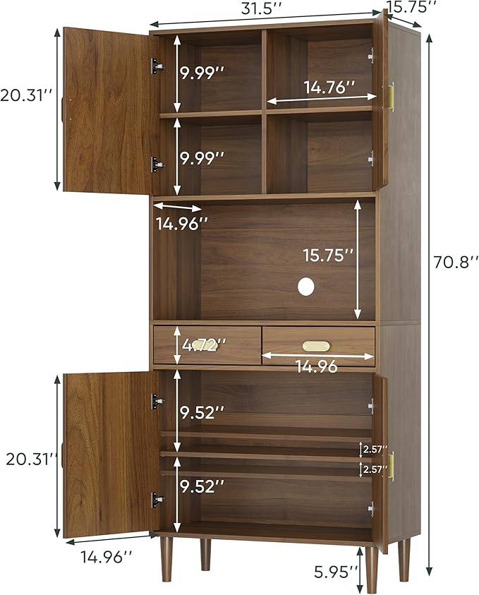 70.87" Tall Kitchen Pantry Cabinet with Line Grooved Doors & 4-Compartment Top, Storage Cupboard with 2 Drawers, Adjustable Shelves & Gold Handles for Dining Room, Bathroom, Walnut