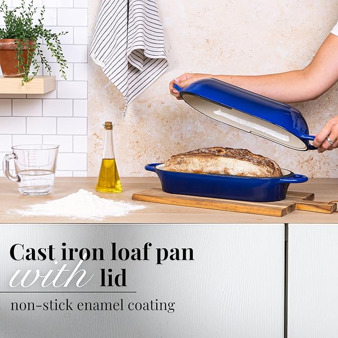 Enamelled Cast Iron Bread Loaf Pot ??Dutch Oven For Sourdough Bread Baking ??Oven Safe Non Stick Bread Pot ??Rectangular, Dark Blue, 34cm x 16cm ??by Nuovva