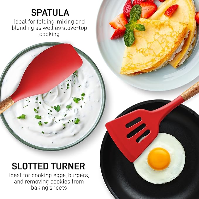 Zulay Kitchen Utensils Set Non-Stick Silicone Cooking Utensils Set with Authentic Acacia Wood Handles - 5 Piece Silicone Utensil Set - Kitchen Utensils Set with 464째F Heat Resistance - Red