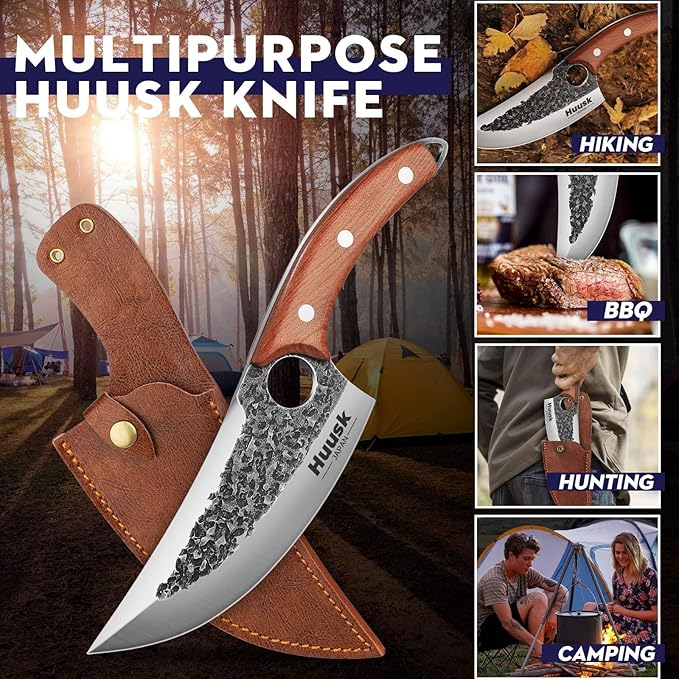 Huusk Chef Knives, Upgraded Viking Knife with Sheath Hand Forged Butcher Knife for Meat Cutting, Sharp Meat Cleaver for Kitchen and Outdoor, Gift for Men and Women