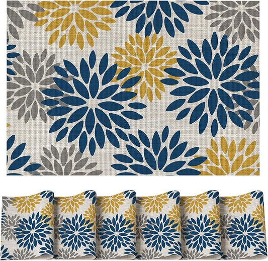 Artoid Mode Floral Vinyl Placemats Set of 6, Heat Resistant Washable Non-Slip Plistic PVC Place Mats for Party Kitchen Dining Decor, Blue Yellow