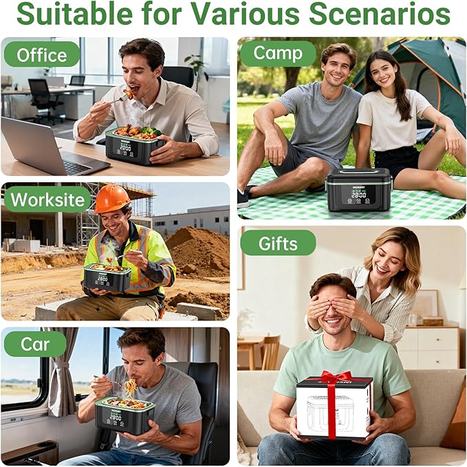 Cordless Electric Lunch Box for Adults, 1.5L Large Portable Heated Lunch Boxes with Smart Timer and 60W Rapid Uniform Heating, 304 Stainless Steel Lunch Box for Office, Travel, Car & Home Use