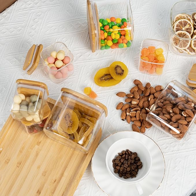 5oz Airtight Square Spice Containers with Bamboo Lid Set of 12 with Black Lables Storage Stackable Spice Jar, Kitchen Canister for Sugar, Tea, Flour, Salt and Seasonings (?랢lear Glass)