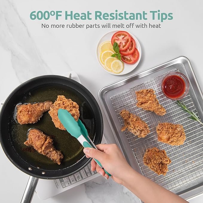 600쨘F Heat Resistant Kitchen Tong: U-Taste 7in Silicone Cooking Tong with Firm Sealed Non Stick Rubber Tips & Silicon Coated 18/8 Stainless Steel Handle & Smooth Locking for Serving Salad (Aqua Sky)
