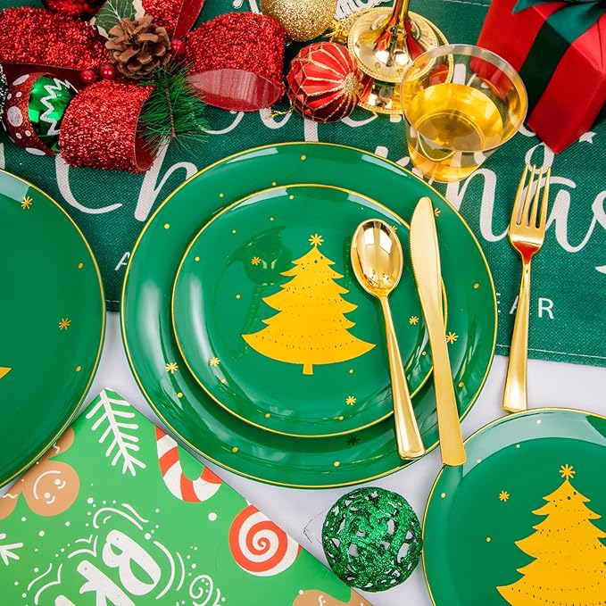WDF 150pcs Christmas Plates Plastic Disposable - 25 Guests Green Plates with Gold Tree, Clear Gold Cups, Perfect for Christmas Parties