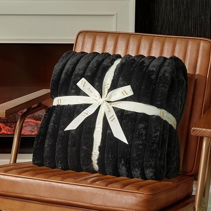 Am챕lie Home Faux Fur Throw Blanket for Couch, Cozy Fuzzy Fluffy Fur Luxurious Soft Striped Plush Gift Blankets for Family Sofa Chair Bedroom, 55"x70", Black