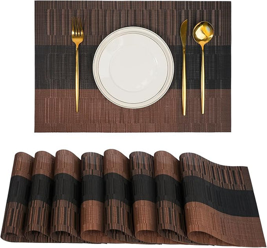 flohar Placemats Set of 8竊똍on-Slip PVC Weave Table Mats Easy to Clean竊똇eat Resistant Place Mats for Kitchen Dining Table Decoration Indoor Outdoor竊똁lack Brown