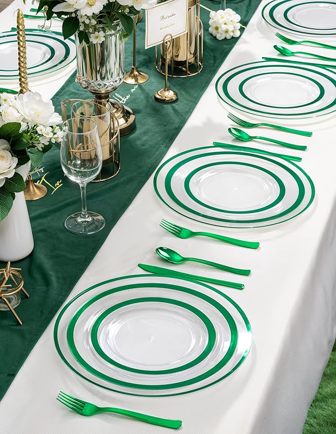 WDF 12 Inch Green Charger Plates - Charger Plates Bulk - 25Pack Plastic Clear and Green Charge Plate Perfect for Dinner/Wedding/Party/St. Patrick's Day