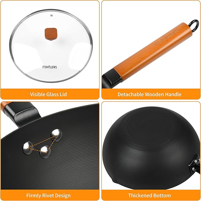 12.5-Inch Carbon Steel Wok with Lid ??Pre-Seasoned Flat Bottom Stir-Fry Pan, Nonstick Wok for Induction, Gas, Electric & All Stovetops ??Chinese Wok with Glass Lid