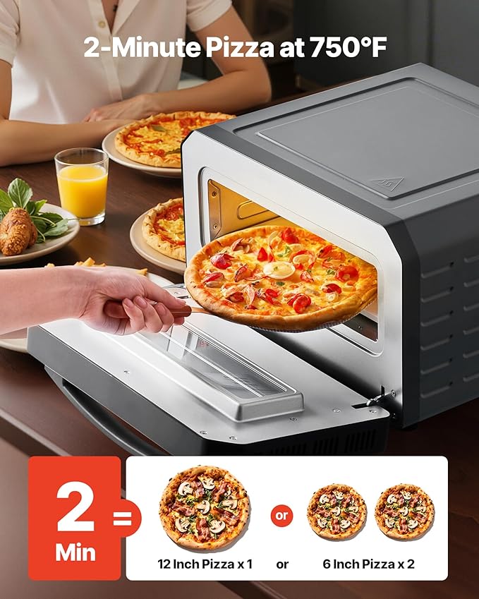 VEVOR Electric Pizza Oven, Smart Pizzas Maker Indoor with 5 Preset, 12-Inch Countertop Pizza Cooker w/Touch Srceen, 750??Max Temp, 2-Min Rapid Baking Oven Thin & Crispy, Neapolitan, Frozen, New York