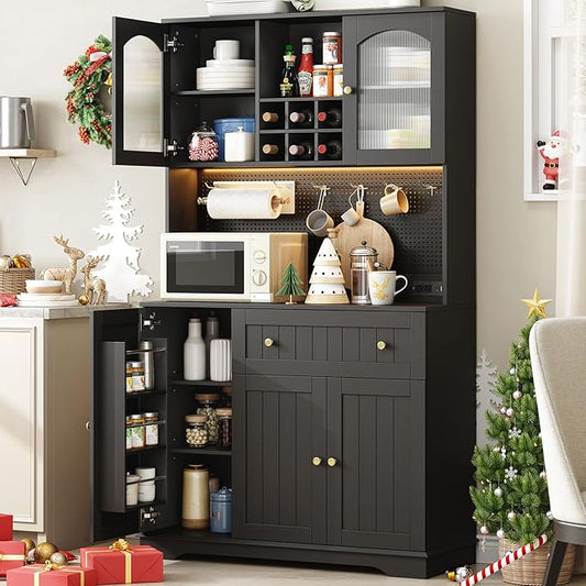 ONBRILL 71" Kitchen Pantry Cabinet with Microwave Shelf & Door Shelves, Kitchen Hutch with Outlet & LED Light, Wood Pantry Storage with DIY Pegboard & 6 Hook, Modern Cabinet with Drawer & Wine Rack