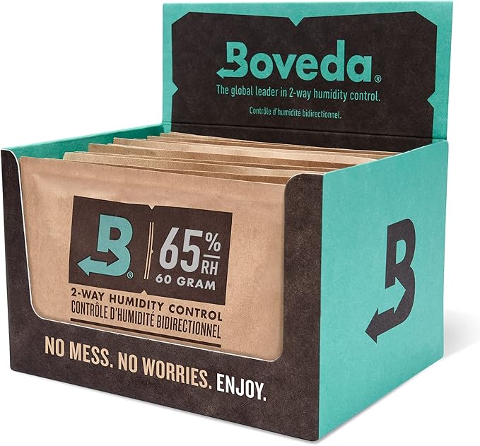 Boveda 65% Two-Way Humidity Control Packs For Aging & Long-Term Storage in Plastic & Wood Boxes ??Size 60 ??12 Pack ??Moisture Absorbers ??Humidifier Packs ??Individually Wrapped Hydration Packets