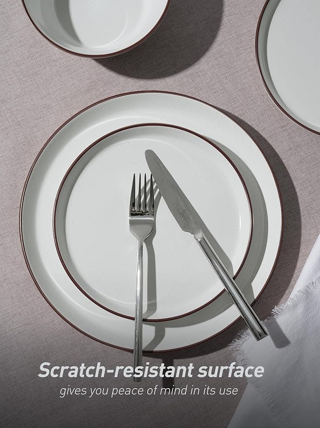 Famiware Saturn Dinnerware Sets, Speckled Plates and Bowls Sets for 4, 12 Pieces Stoneware Dish Set - Chip and Scratch Resistant, Microwave and Dishwasher Safe Tableware Set, White with Rim