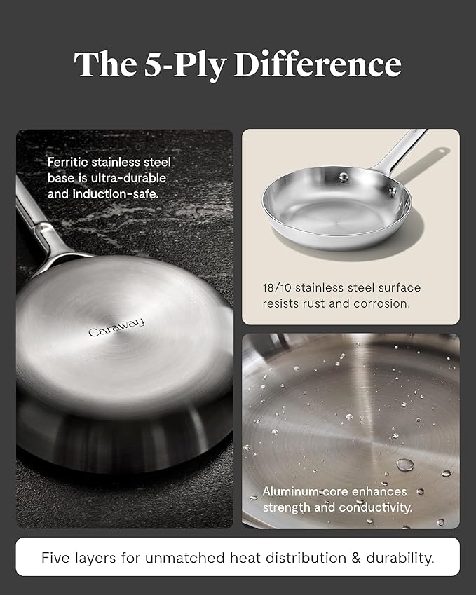 Caraway Stainless Steel Mini Fry Pan - 8 Inch Stainless Steel Frying Pan ??Oven Safe & Compatible with All Stovetops ??Non Toxic, PTFE & PFOA Free