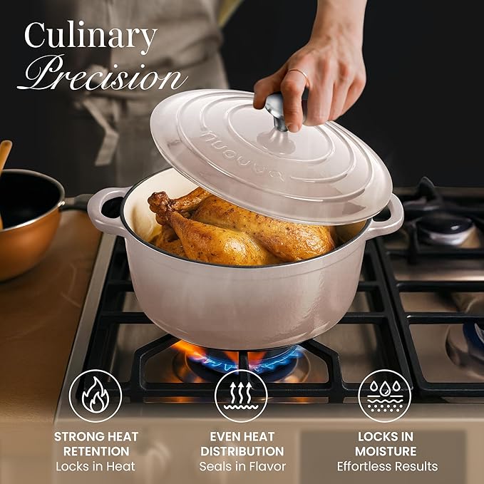 Nuovva Enamelled Cast Iron Dutch Oven Pot with Lid 6.4 Quart Non Stick Casserole Pot ??Heavy Duty & Oven Safe up to 500째 F for Bread Baking, Braising, Stews, Roasting ??28cm Oyster