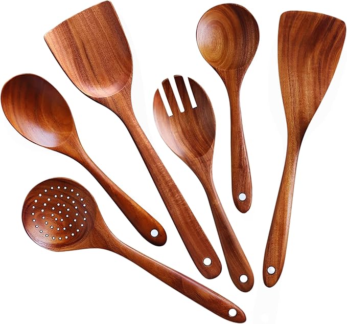 6-Piece Acacia Wood Cooking Utensil Set ??Wooden Kitchen Pan Toolset for Nonstick Cookware ??Includes Spoons & Spatulas ??Non-Scratch, Eco-Friendly Cooking Tools ??Everyday Use - Lifetime Replacements
