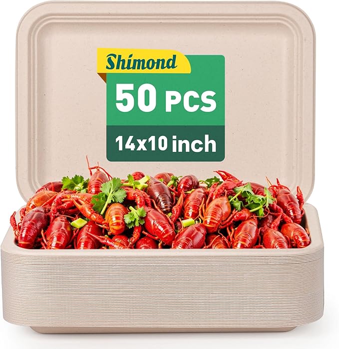 14 Inch 50 Pack Disposable Crawfish Trays Eco-friendly Heavy-Duty Large Paper Plates 100% Compostable Disposable Trays for Crawfish, BBQ, Seafood Boil Party Supplies Natural