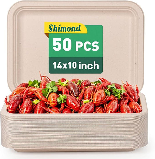 14 Inch 50 Pack Disposable Crawfish Trays Eco-friendly Heavy-Duty Large Paper Plates 100% Compostable Disposable Trays for Crawfish, BBQ, Seafood Boil Party Supplies Natural