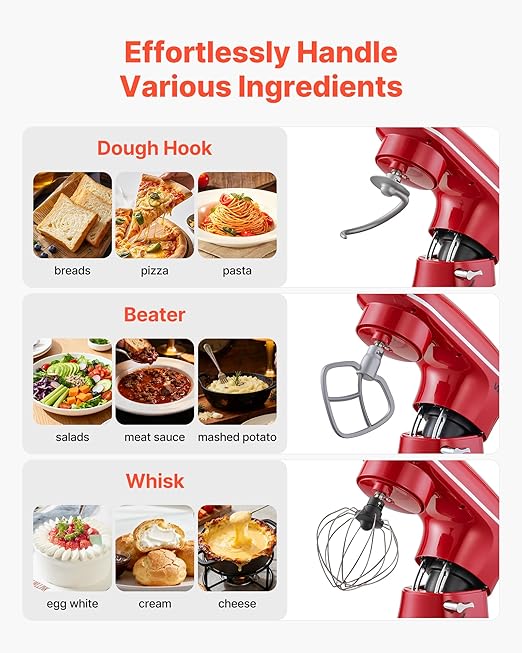 VEVOR Stand Mixer, 6 QT Electric Kitchen Mixer, 660W Dough-Mixer, 6 + Pulse Speeds Tilt-head Food-Mixer with Stainless Steel Bowl, Dough Hook, Whisk, Beater, for Baking, Mixing, Whipping & Kneading