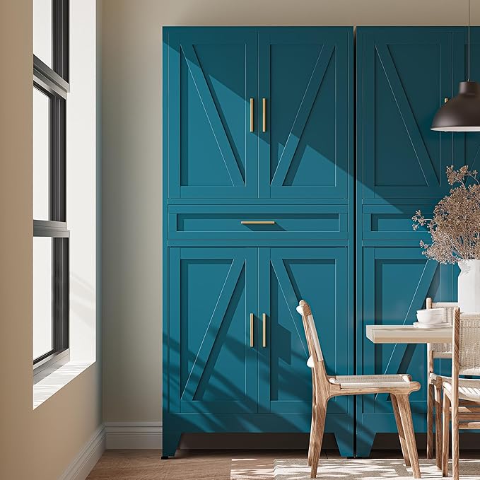 71"H Metal Kitchen Pantry Cabinet with Drawers,Blue Kitchen Storage Cabinets with Doors,Farmhouse Pantry Food Storage Cabinets,Tall Pantry Cabinets,Large Freestanding Cabinets for Dining Room