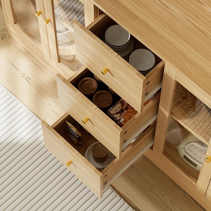 VOWNER Large Kitchen Hutch Cabinet, Kitchen Pantry Storage Cabinet with 6 Glass Doors, 3 Drawers & Microwave Shelf, Freestanding Cupboard for Open Storage, (Wood)