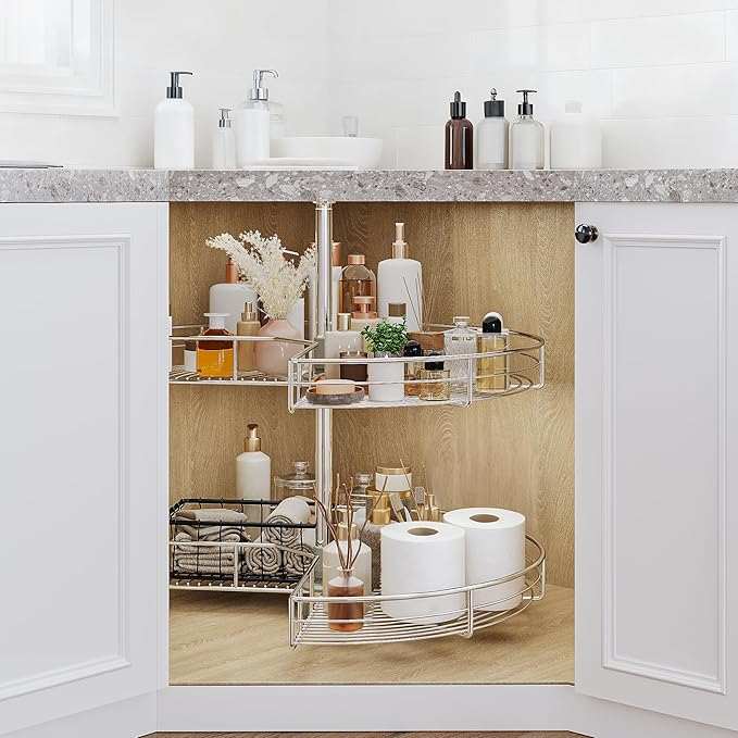 DWVO 28??Kidney 2-Tier Lazy Susan ??Telescoping Mount Corner Cabinet Organizer with Pie-Shelf Design, for Bathroom,Kitchen Cabinet Blind Corners (Chrome, 270째 Adjustable)