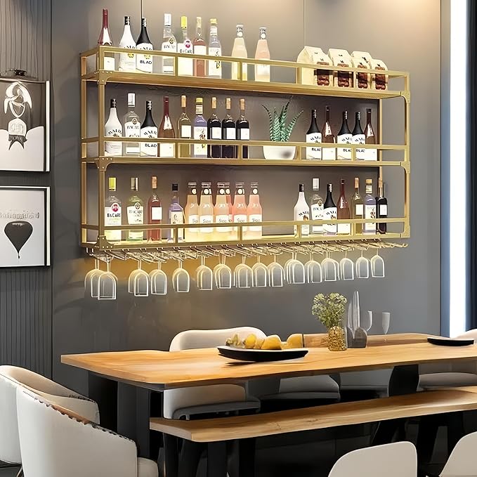 59 Inch Upgrade Metal Wine Rack Wall Mounted, Bar Shelves Wall Mounted with LED Light, Large 3-Tier Liquor Bar Display Shelf with Hang Mugs and Wine Glasses for Home Bars & Kitchen (Gold, 59-Upgrade)