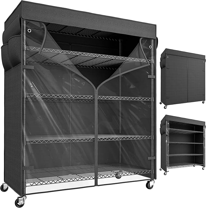 REIBII 45''W Storage Shelves Waterproof Metal Shelving with Cover Dustproof, Wire Shelving Unit Covers & Wheels Garage Storage Rack Wire Shelf for Kitchen Pantry, Storage Room, 45Wx17.72Dx72.83H