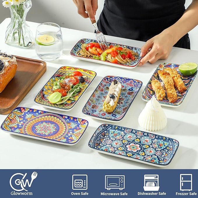 glowworm Porcelain Appetizer Plates Set of 6, 8.5 Inch Rectangular Salad Plates for Sushi, Dessert, Christmas Serving Platters, Serving Tray for Party, Microwave & Oven Safe, Bohemian