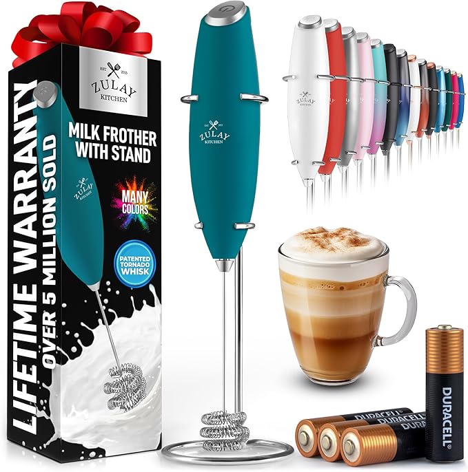 Zulay Kitchen Patented Tornado Triple Whisk Milk Frother with 4 Duracell Batteries ??Handheld Foam Maker for Coffee, Lattes, Matcha & Hot Chocolate ??Rich, Creamy Froth in Seconds
