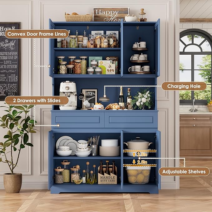 FACBOTALL 74" Pantry Cabinet, Tall Kitchen Pantry Cabinet with 6 Doors and 2 Drawers, Kitchen Hutch with Wide Countertop, Modern Kitchens Cupboard with Adjustable Shelves and Charge Holes, Blue