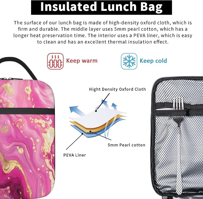 VANZEV Insulated Lunch Box for Women Men, Art Pink Marble Theme Lunch Box Reusable Portable Lunch Bag Cooler Tote Waterproof Lunch Container for Office Picnic Work Travel