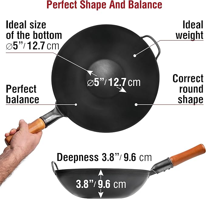 YOSUKATA Carbon Steel Wok Pan ??13,5 ??Stir Fry Pans + Wooden Wok Lid 13.5 + 17" Spatula and Ladle Skimmer + Natural Wooden Long Cooking Chopsticks Set of 3