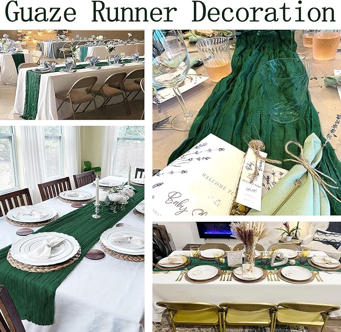 4 Pack Emerald Green Cheesecloth Table Runner 20 x 120 inch Gauze Table Runners 10 FT Long,Semi Sheer Boho Cheese Cloth Fabric Table Runner Bulk for Wedding,Party,Baby Shower,Bridal Shower Decoration