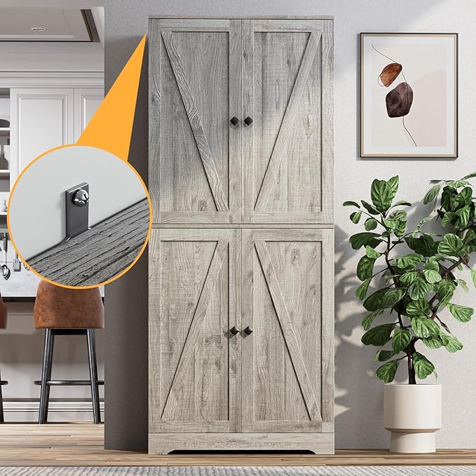 LYNSOM Farmhouse Storage Cabinet 72" Tall, Kitchen Pantry Cabinet with 4 Barn Doors and Adjustable Shelves, Freestanding Storage Cabinets for Kitchen, Grey
