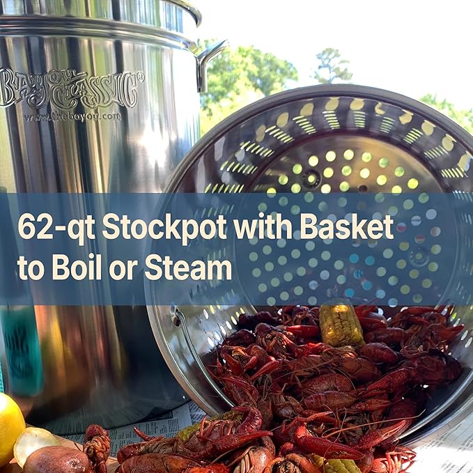 Bayou Classic 62 Quart Stainless Steel Boil and Steam Cooker Kit with Lid, Basket, Single Jet, 10 PSI Regulator, 60 Inch Hose, Silver