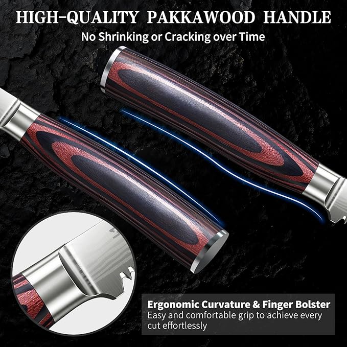 Steak Knives Set of 6, Serrated Steak Knife Set 4.5 Inch, Ultra Sharp Forged High Carbon Stainless Steel Dinner Knife with Ergonomic Pakkawood Handle, Damascus Pattern and Gift Box