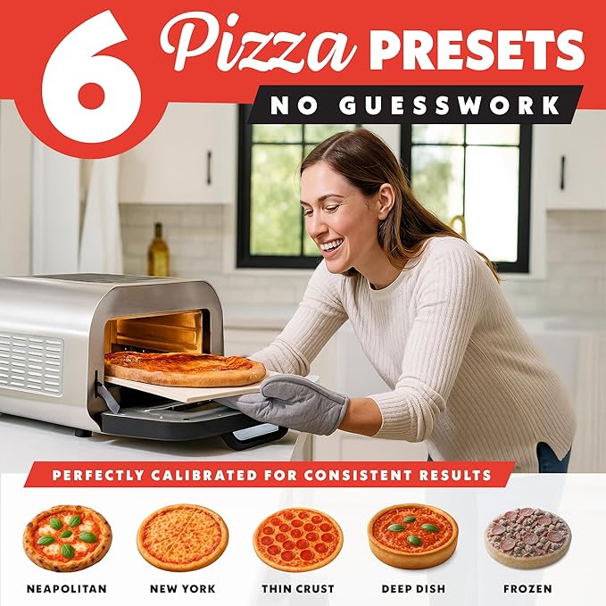 Gourmia Indoor Pizza Oven Air Fryer Toaster ??1800W Countertop Multi-Cooker with Pizza Stone, Digital Controls & 6 Presets, Stainless Steel