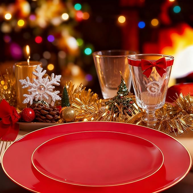 WDF 300Pcs Red Disposable Plates - Red Plastic Plates - 50guest Disposable Dinnerware Include 50 Dinner Plate, 50 Dessert Plate, 150 Cutlery & 50 9oz Cups for Valentine's Day & Parties