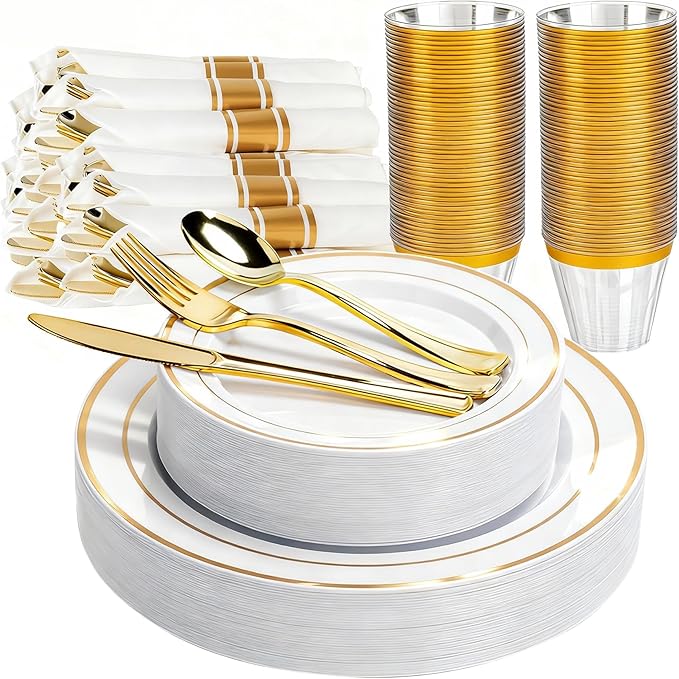 350 PCS White and Gold Plastic Dinnerware Set for 50 Guests, 100 Thanksgiving Disposable Plates for Party, 50 Pre Rolled Napkins with Gold Silverware, 50 Cups